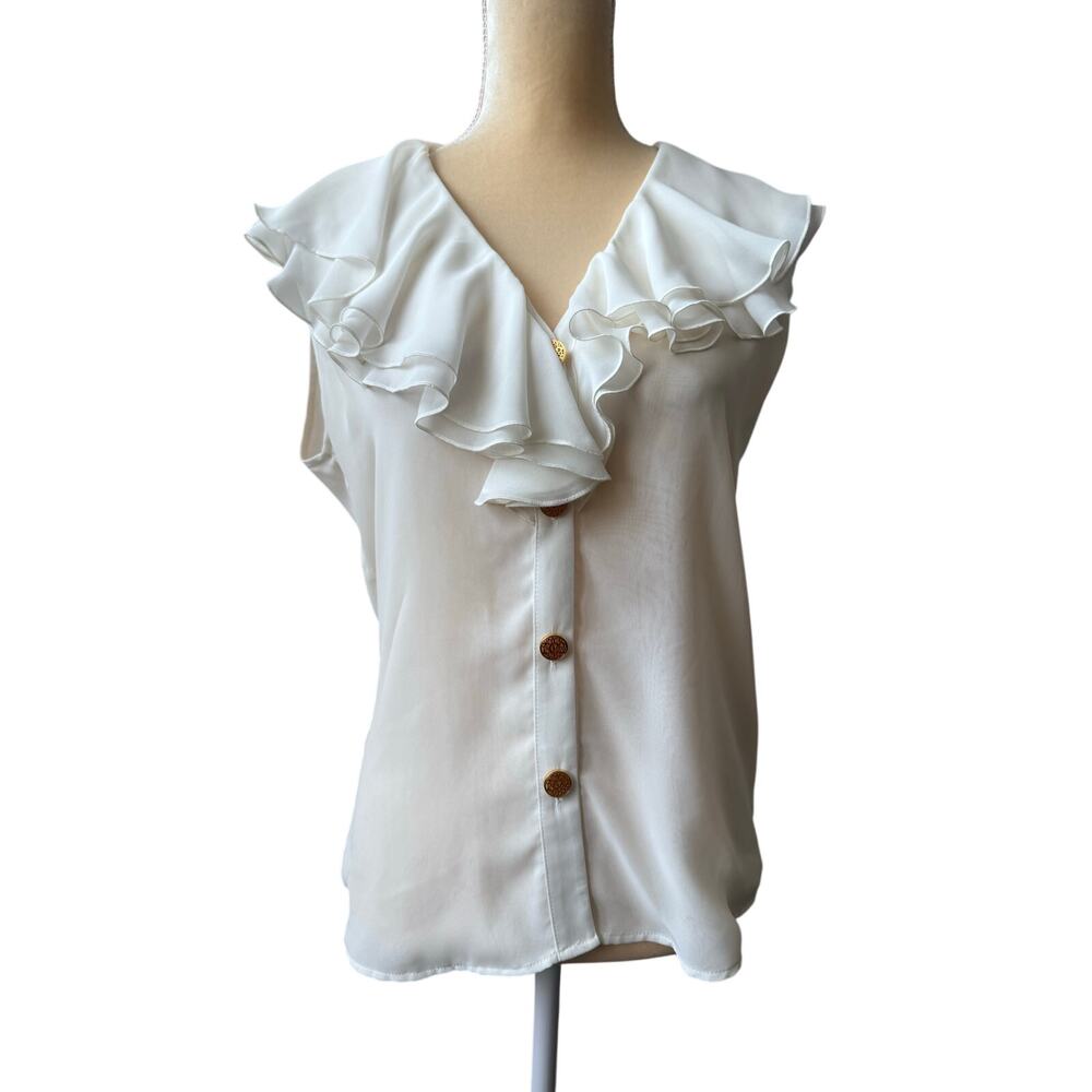 Christine Makowsky Ruffled Collar Blouse Cream Size Medium